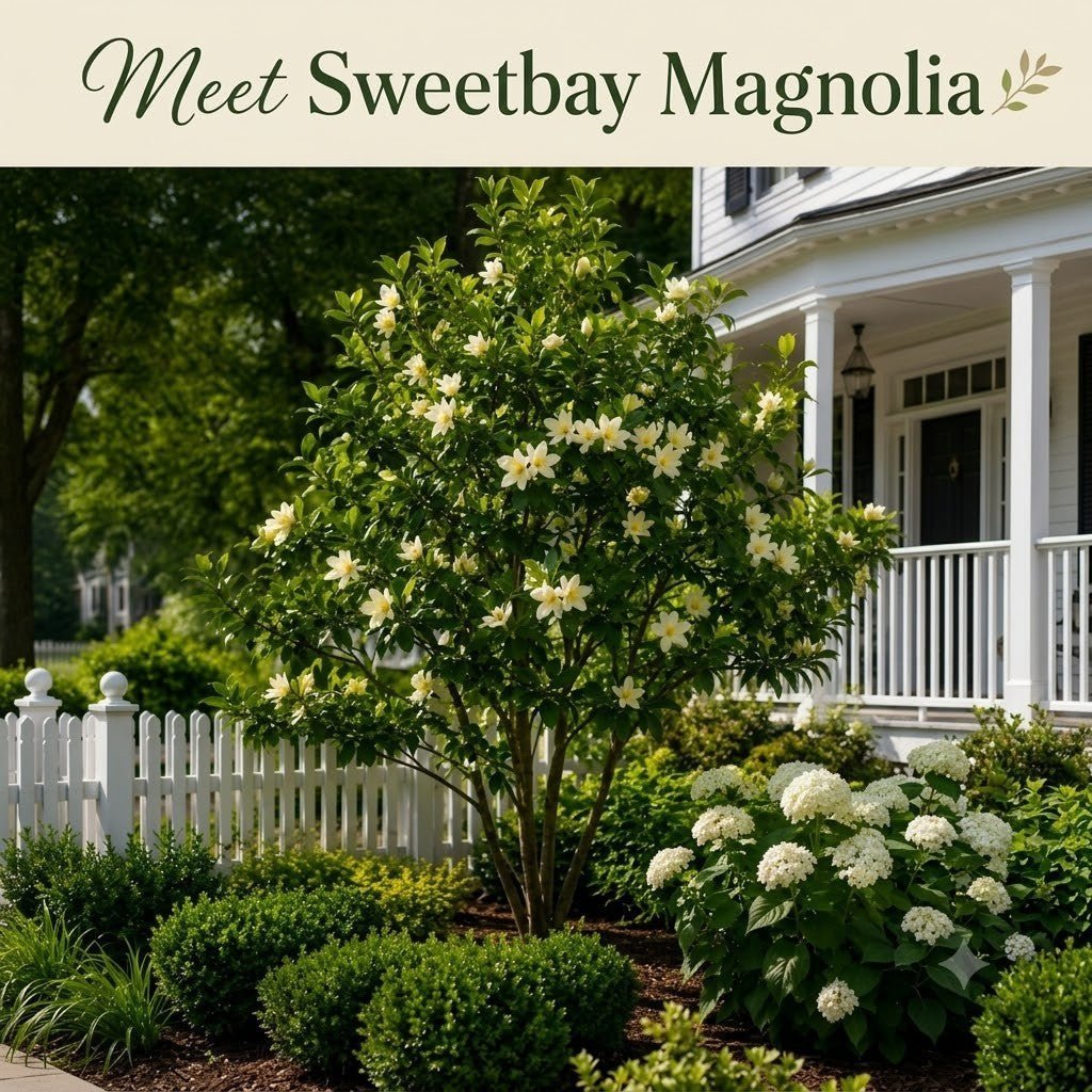 A beautiful Sweetbay Magnolia tree in full white summer bloom next to a classic white picket fence and a porch, styled into a square product card with a cream-colored top border reading "Meet Sweetbay Magnolia."