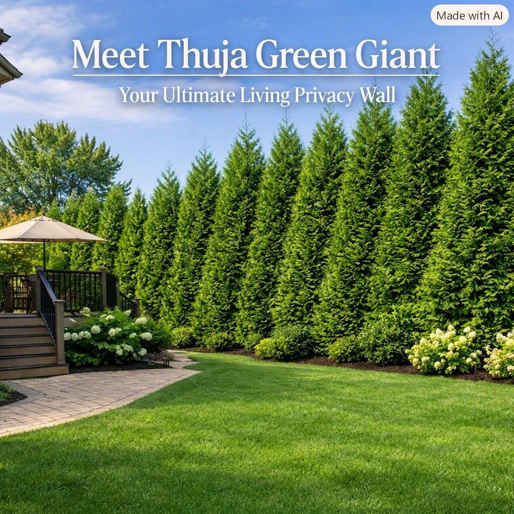    “Thuja Green Giant trees forming a tall, dense evergreen privacy wall behind a landscaped backyard with lawn, hydrangeas, and a wooden deck. Text reads ‘Meet Thuja Green Giant – Your Ultimate Living Privacy Wall.’”
