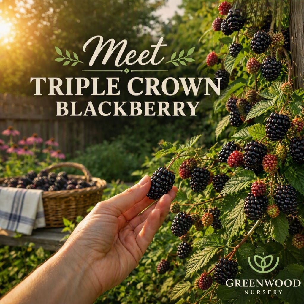Hand picking a ripe Triple Crown blackberry from a leafy vine beside a wicker basket filled with berries, with sunlight highlighting the fruit and text reading ‘Meet Triple Crown Blackberry – Greenwood Nursery.’”