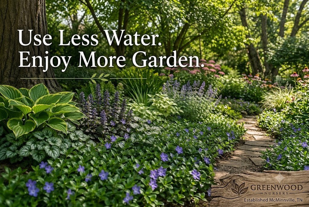 A high-resolution 3:2 photograph of a lush, water-wise garden featuring layered plantings of variegated hosta, silver brunnera, and blue flowering groundcover.