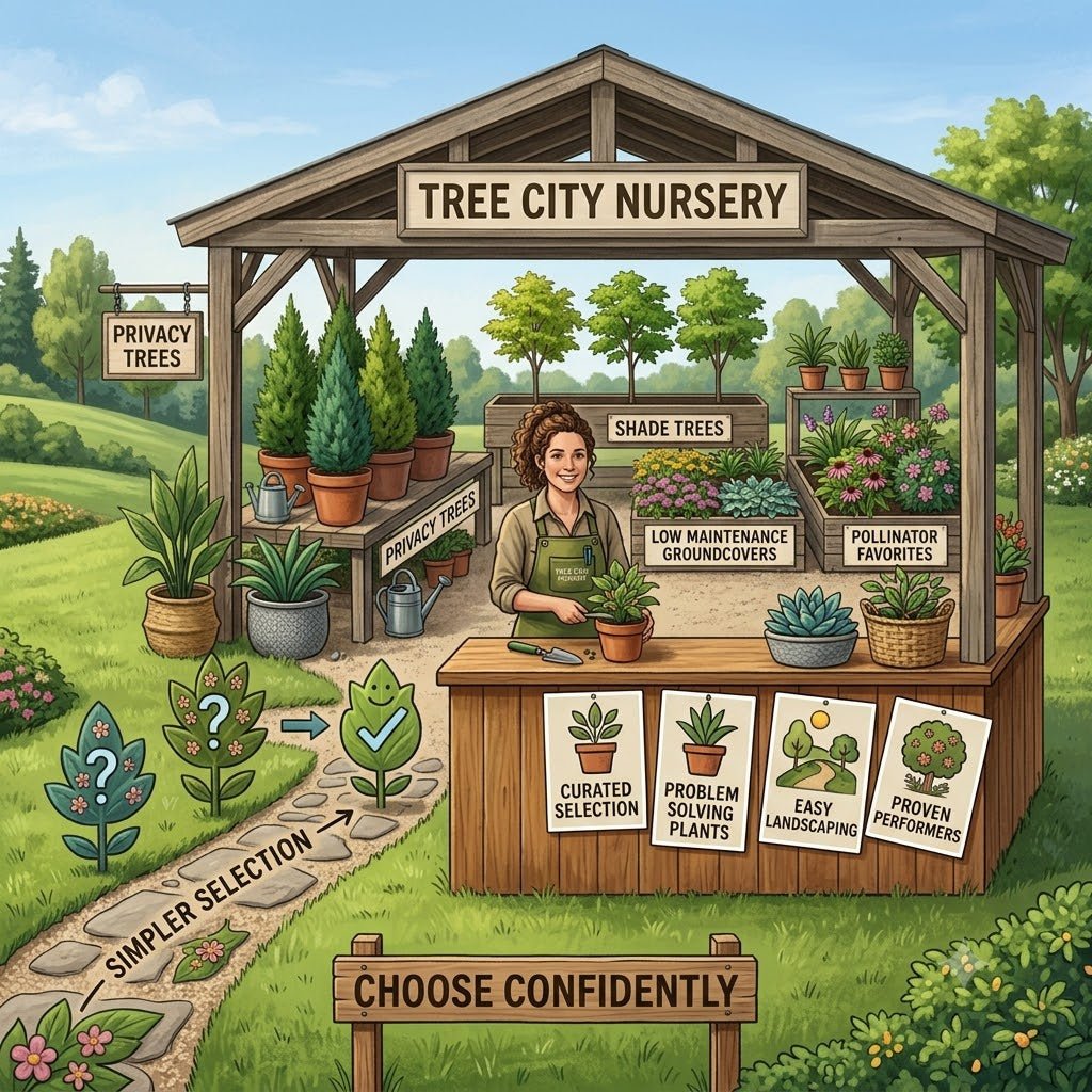 A realistic outdoor nursery scene at Tree City Nursery featuring signs for privacy trees, shade trees, low-maintenance groundcovers, and pollinator favorites with a helpful gardener assisting homeowners in choosing problem-solving plants.