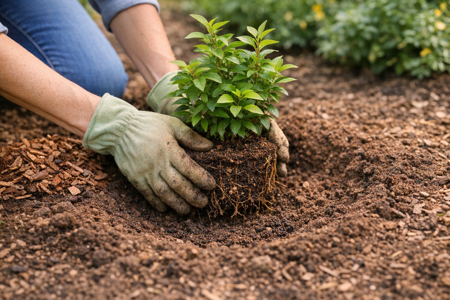 Gardener wearing gloves gently placing a young shrub into a wide, shallow hole with loosened roots and fresh soil in bright natural light.”