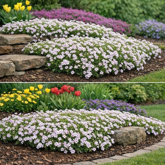Amazing Grace Creeping Phlox with white and pink blooms spreading across a colorful garden bed with stone edging.