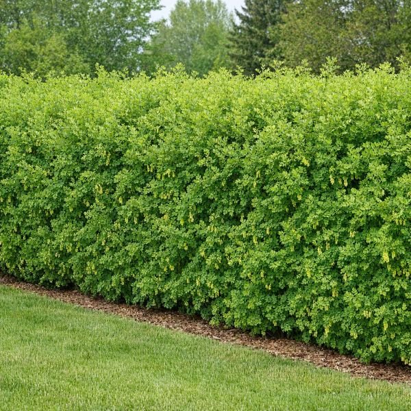 Dense Caragana hedge with bright green foliage and yellow pea-like flowers in a landscaped garden.