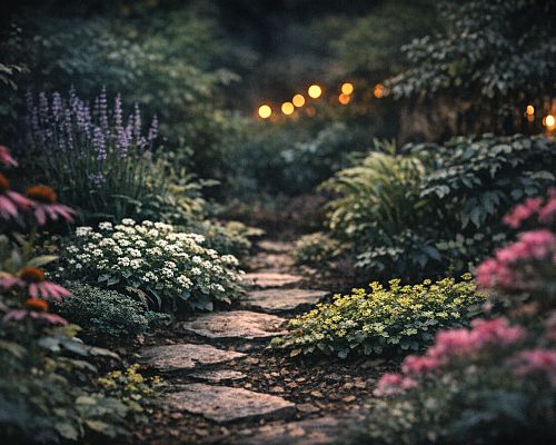 Moody garden scene with stone path, soft-focus blooms, and warm lights for weekly feature banner


