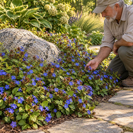Dwarf Plumbago with cobalt-blue flowers growing around a boulder beside a stone walkway as a gardener inspects the blooms.