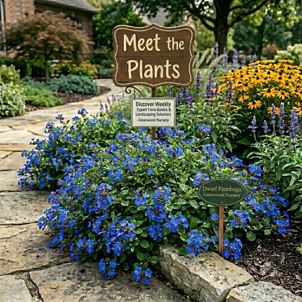 Dwarf Plumbago groundcover with intense blue flowers in a standard Greenwood Nursery landscape frame. Stone path is flanked by coneflowers and salvia. Signs read 'Meet the Plants', 'Discover Weekly Guides', and 'Dwarf Plumbago,