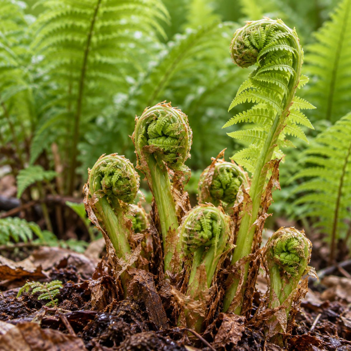Botanical Detail: Ostrich Fern fiddleheads emerging and beginning to unfurl from moist woodland soil in early spring.