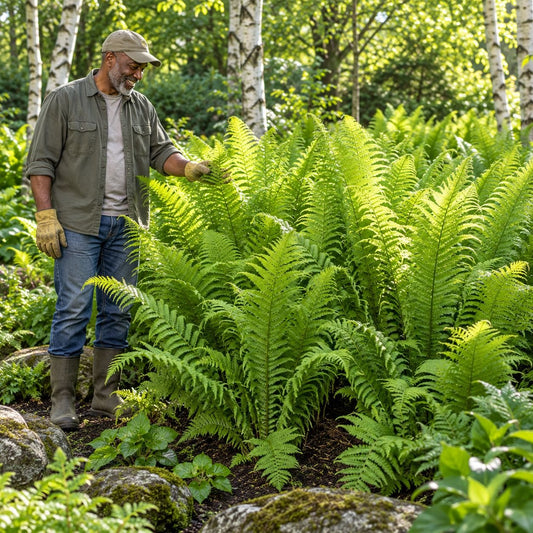 Mature Ostrich Ferns growing in a shaded woodland garden as a gardener examines the tall green fronds.