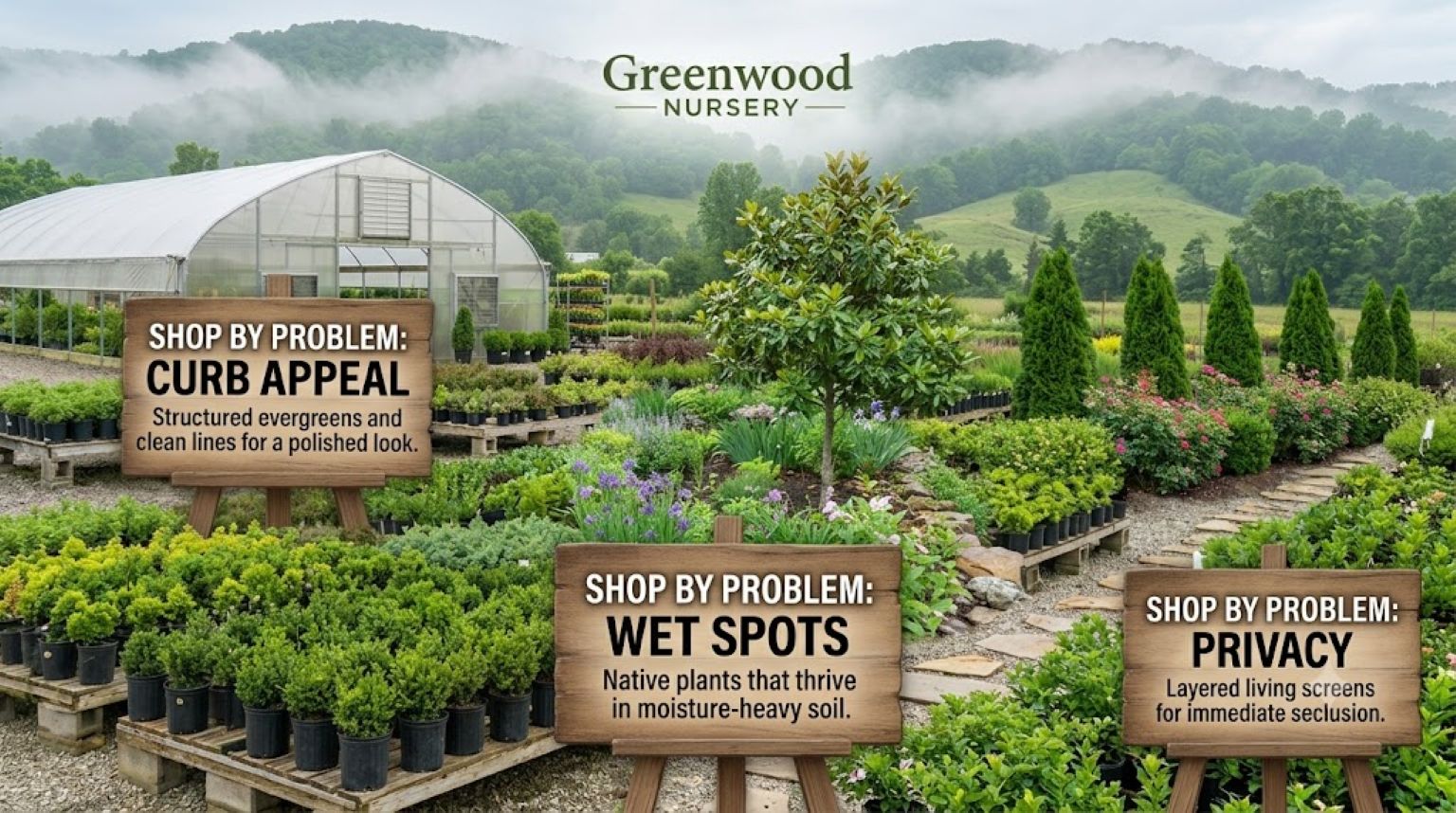 Shop by Problem homepage banner for Greenwood Nursery featuring a beautiful panoramic view of a lush plant nursery with rolling, misty hills in the background. Three wooden signs on easels are spaced across the landscape layout, clearly reading "Shop By Problem: Curb Appeal," "Shop By Problem: Wet Spots," and "Shop By Problem: Privacy" with helpful descriptions beneath each.