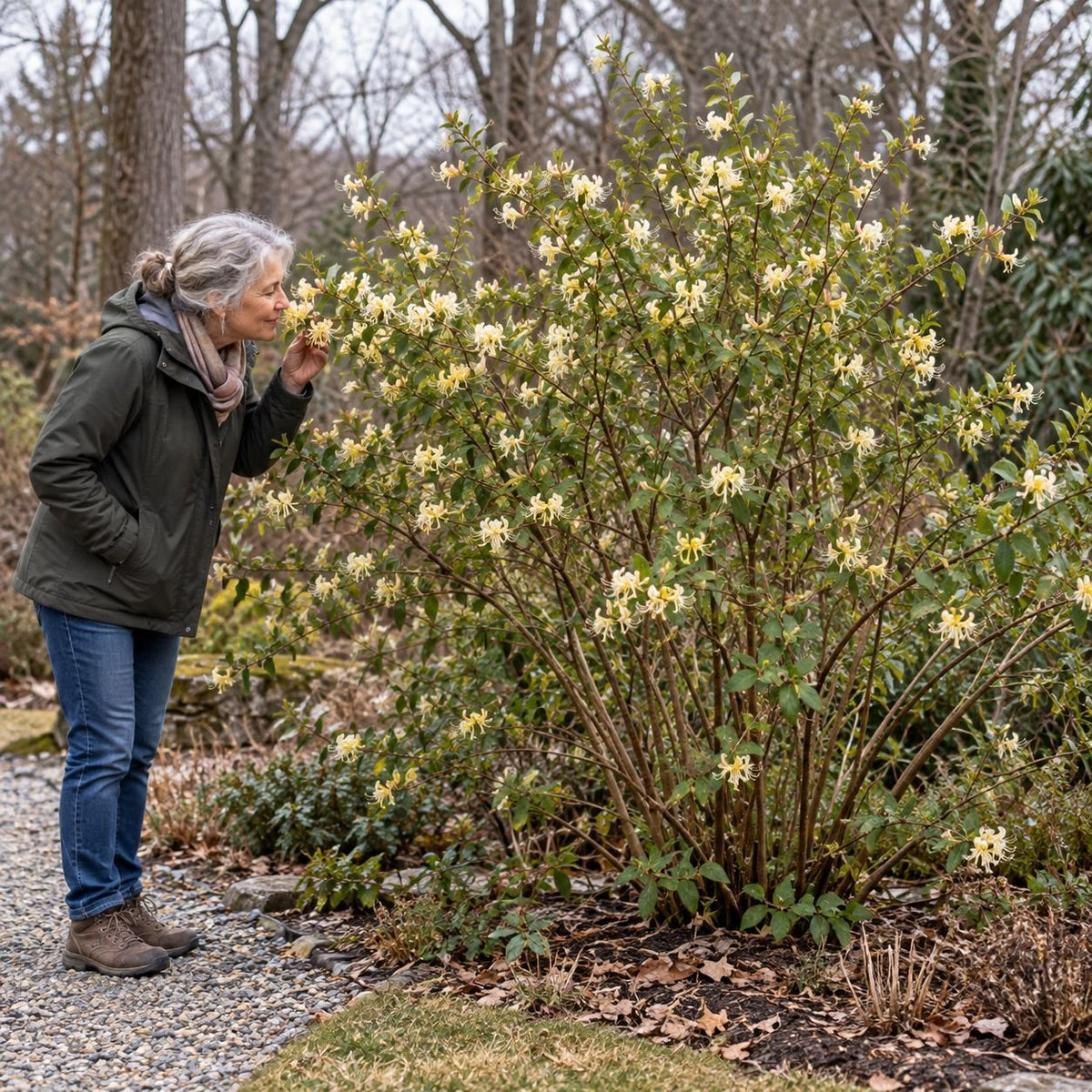 Lifestyle/Hero: Mature Winter Honeysuckle blooming beside a garden path as a gardener smells its fragrant cream-white flowers.
