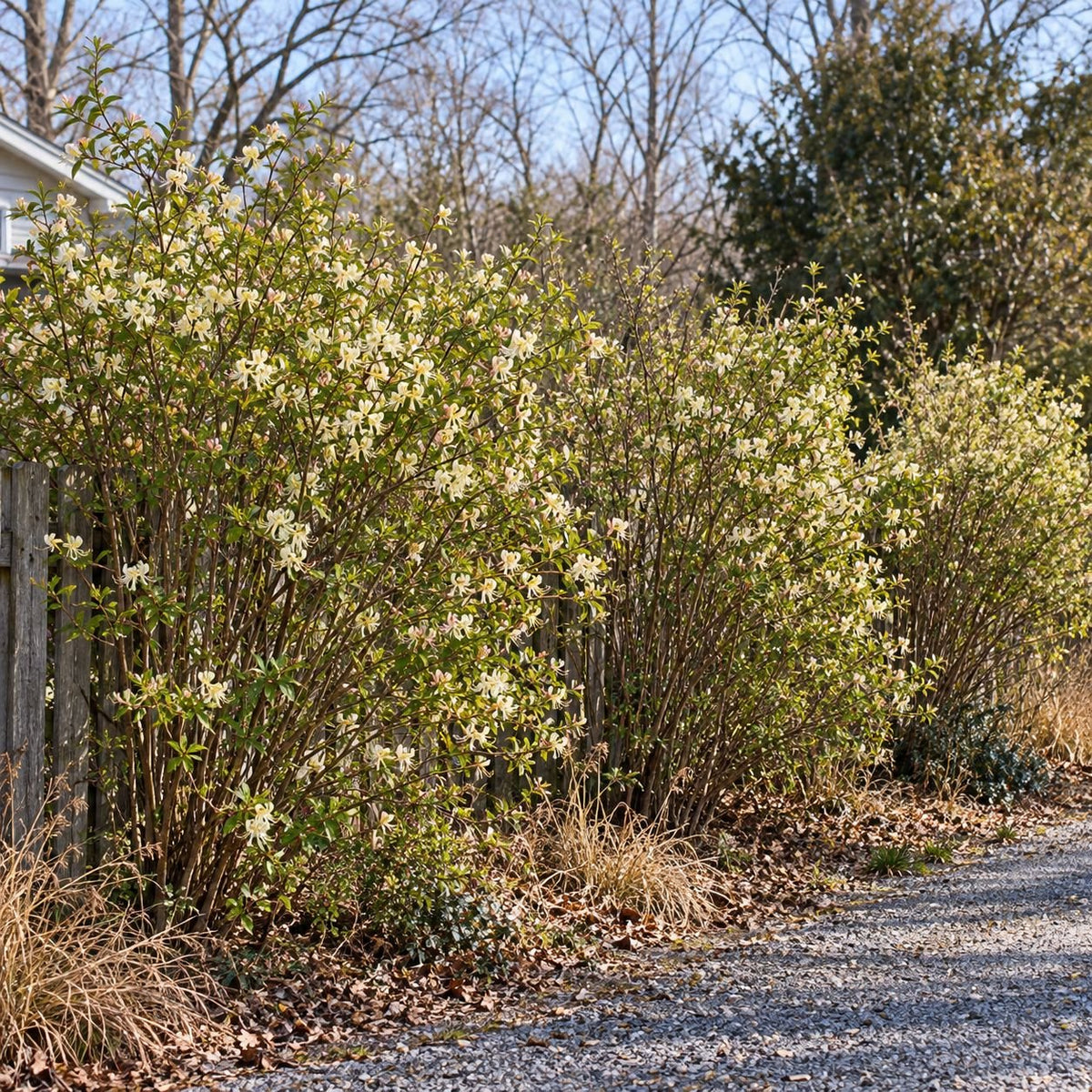 Landscape/Use: Mature Winter Honeysuckle shrubs forming a natural informal hedge along a driveway and wooden fence.