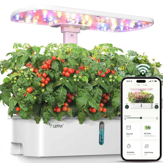 Smart indoor garden with LED lights and a smartphone app interface.