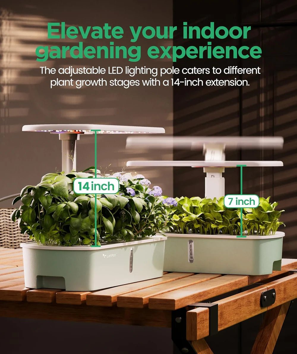 Indoor gardening setup with adjustable LED lighting pole and plants on a wooden table.