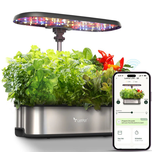 Smart indoor garden with LED lights and smartphone app on a white background