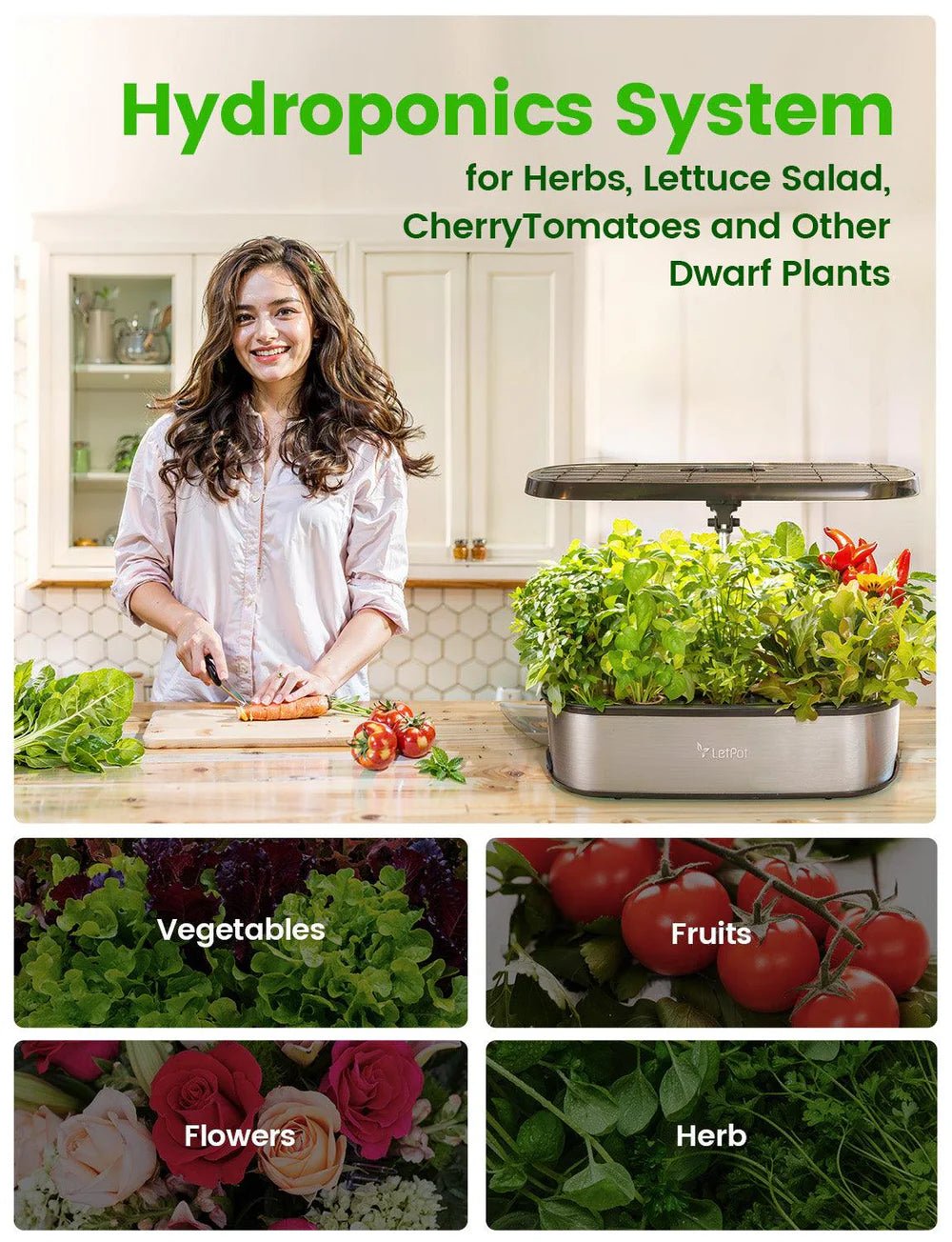 Woman in a kitchen with a hydroponics system growing vegetables, fruits, flowers, and herbs.