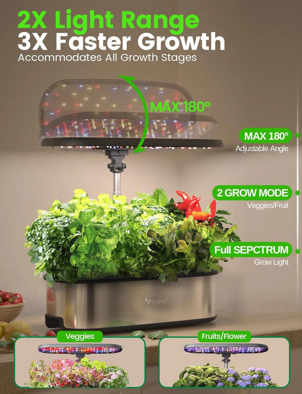 Glowing grow light with adjustable angle and plant growth features on a neutral background