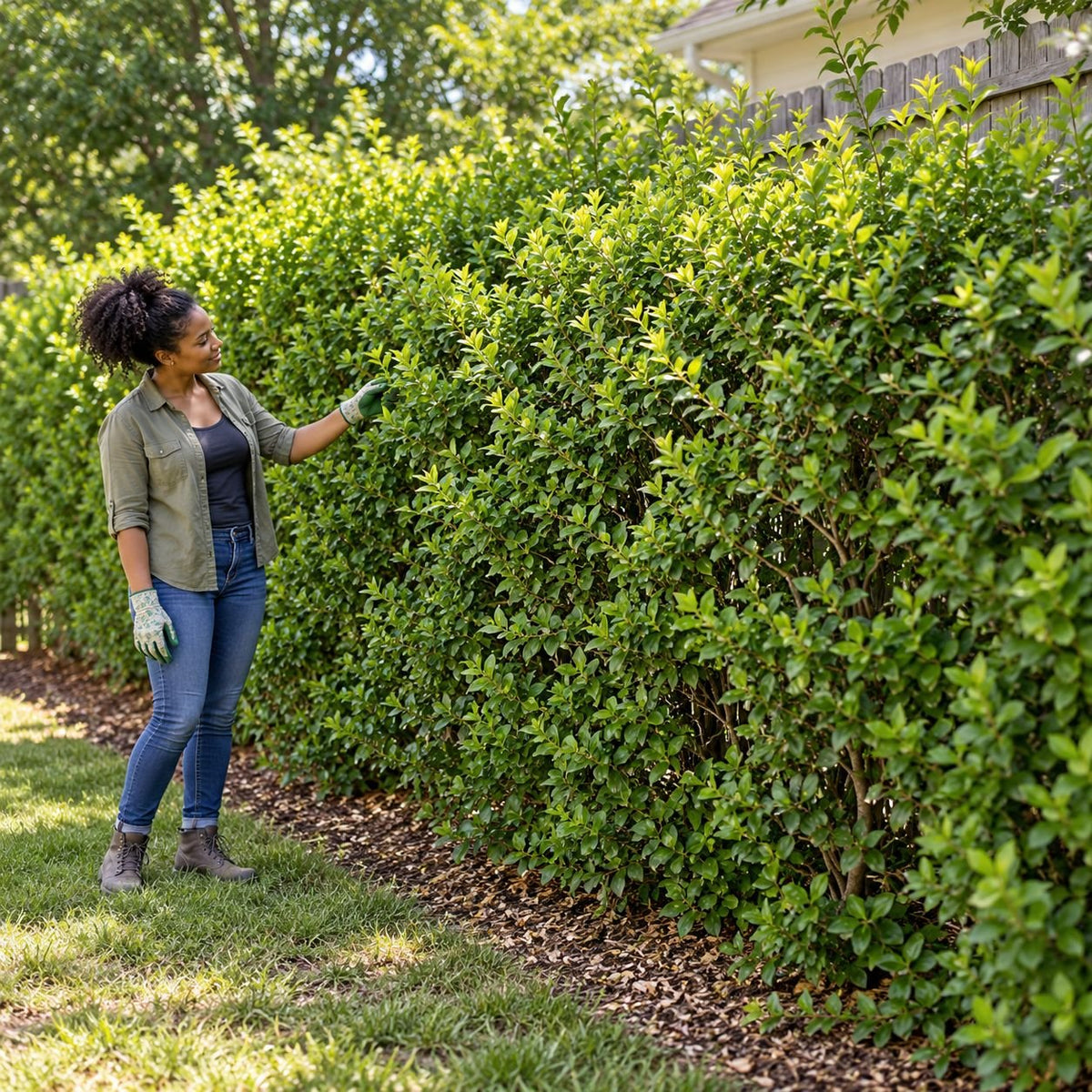 Lifestyle/Hero: Mature Ligustrum Ibolium North Privet forming a dense, naturally irregular privacy hedge as a gardener inspects the foliage.