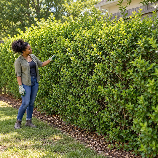 Lifestyle/Hero: Mature Ligustrum Ibolium North Privet forming a dense, naturally irregular privacy hedge as a gardener inspects the foliage.