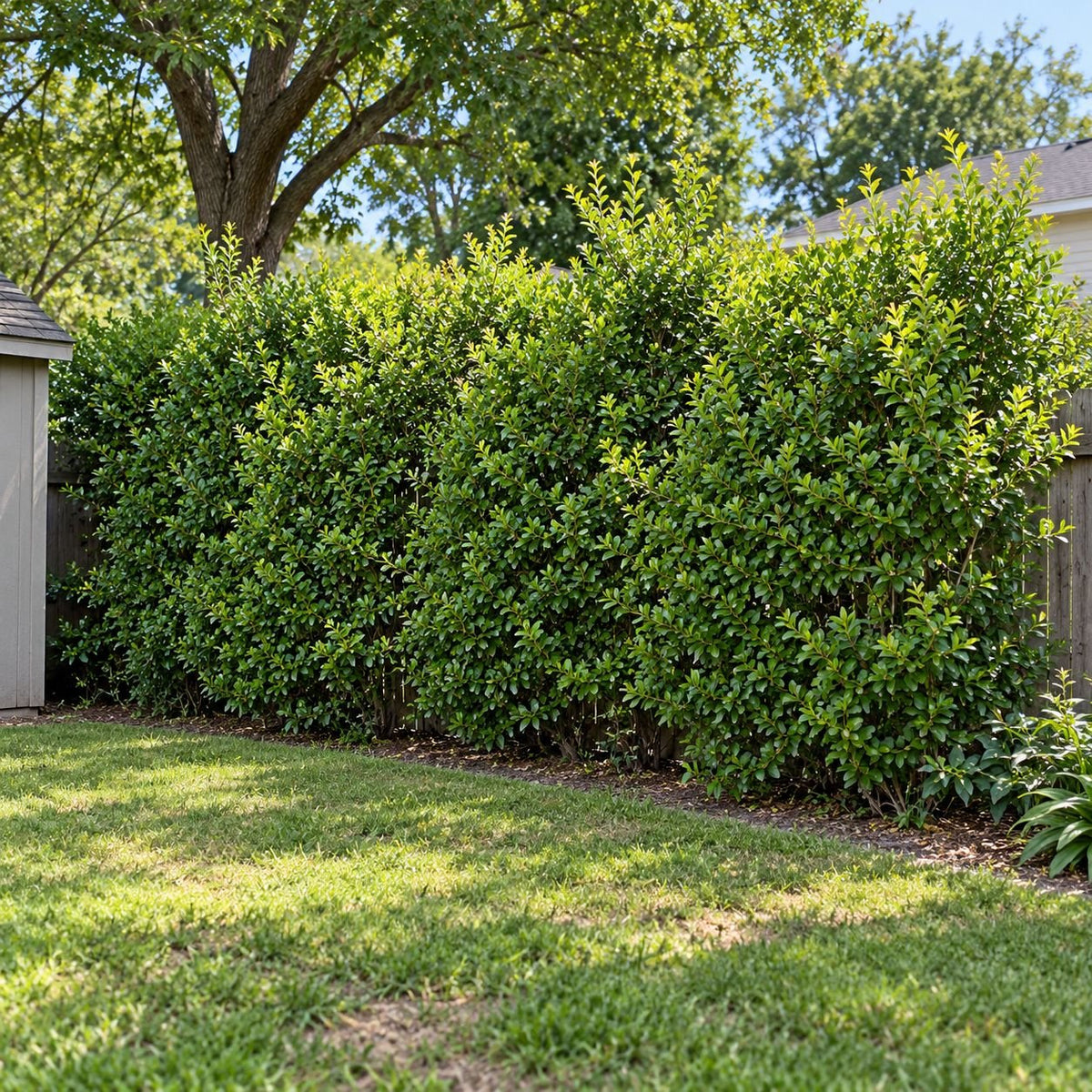Landscape/Use: Established Ligustrum Ibolium shrubs forming a tall, naturally uneven privacy screen along a backyard property line.