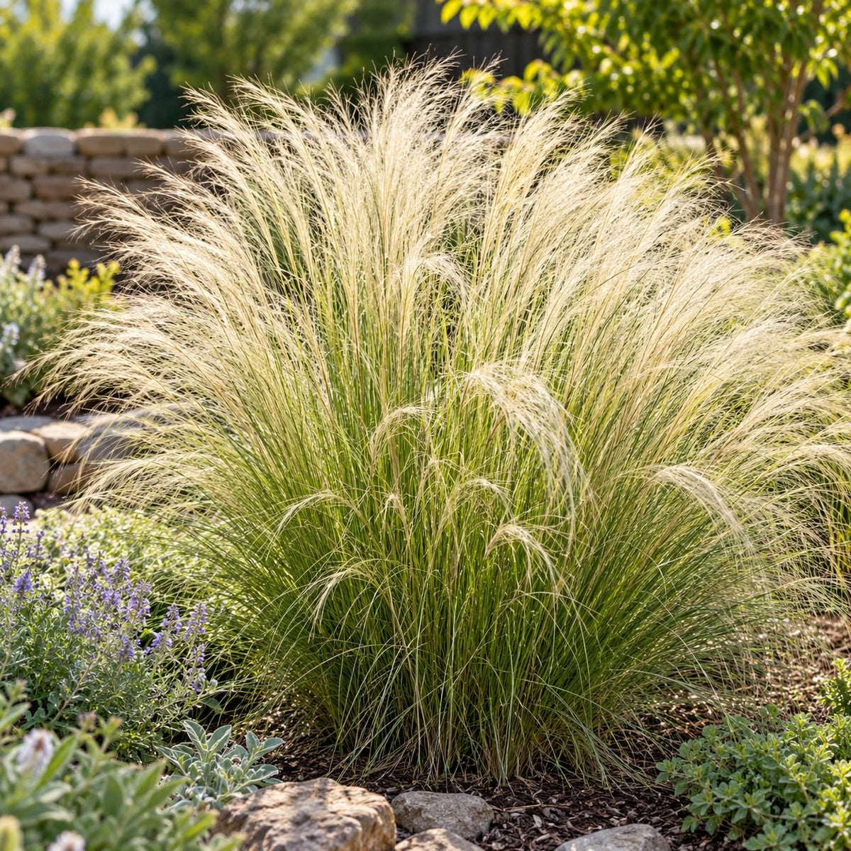 Mature Mexican Feather Grass (Nassella tenuissima) with fine green foliage and golden feathery plumes growing in a sunny landscaped garden.