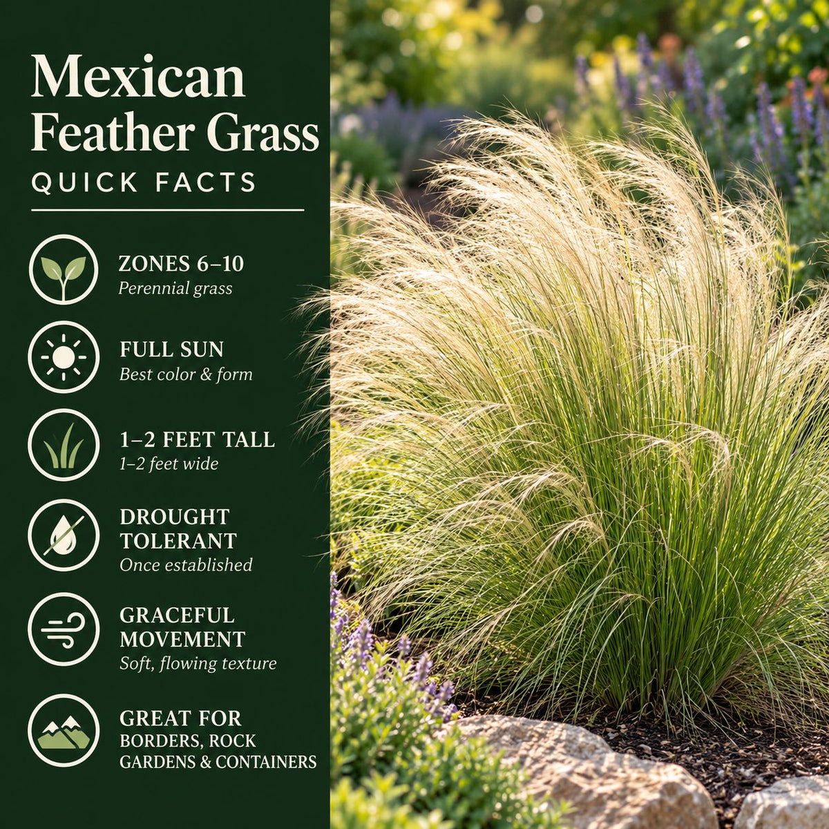 Mexican Feather Grass quick facts graphic showing USDA zones 6–10, full sun, 1–2 foot mature height, drought tolerance, and graceful golden foliage.