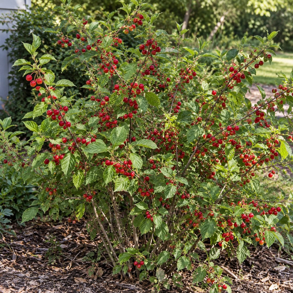 Mature Nanking Cherry (Prunus tomentosa) shrub with natural branching, serrated green leaves, and clusters of bright red edible cherries growing in a sunny garden.