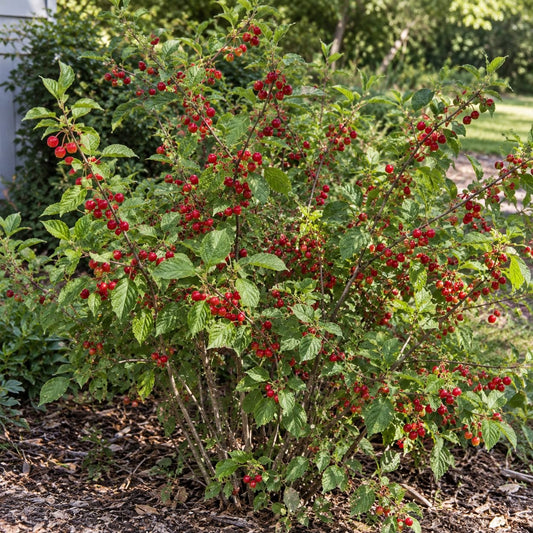 Mature Nanking Cherry (Prunus tomentosa) shrub with natural branching, serrated green leaves, and clusters of bright red edible cherries growing in a sunny garden.
