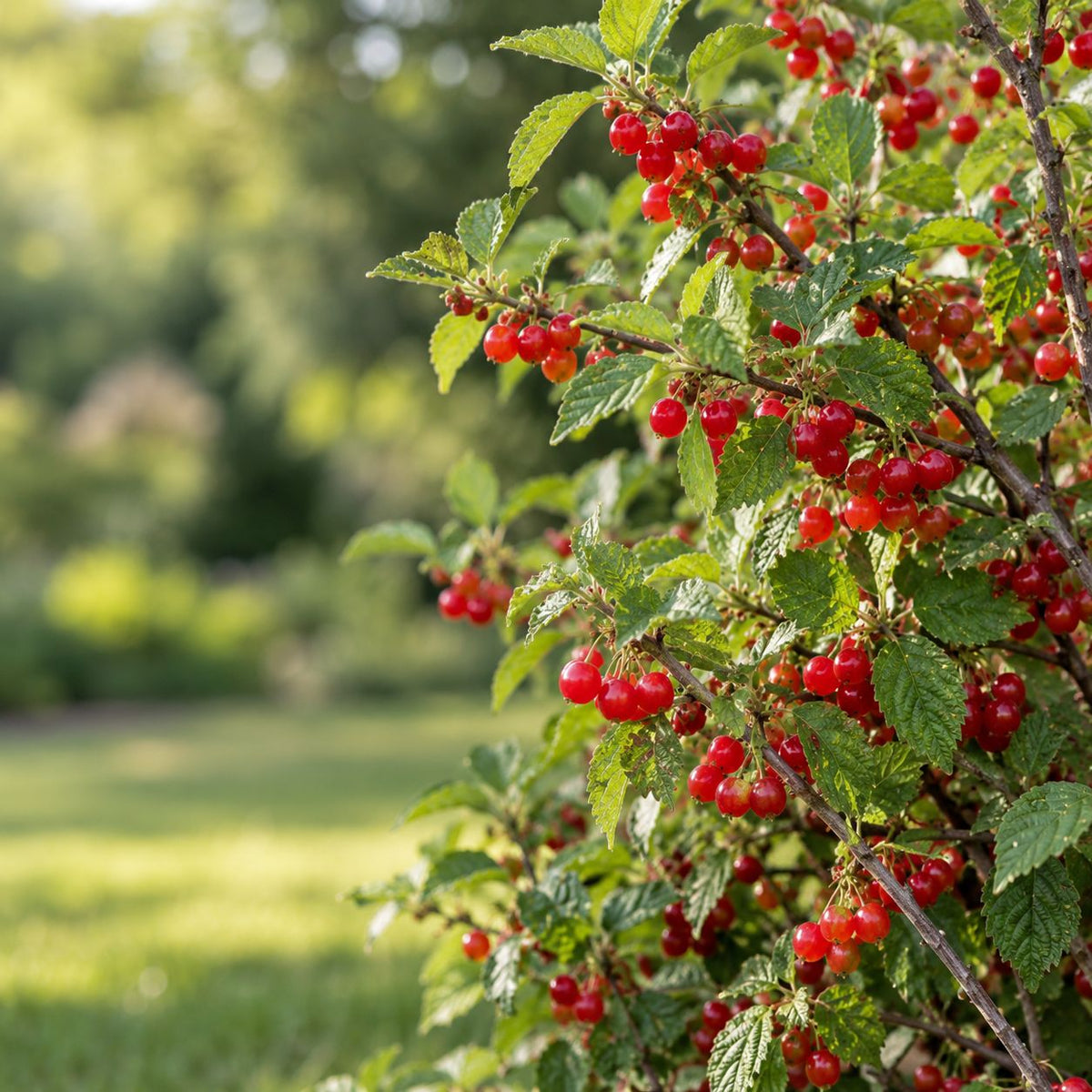 Close-up of Nanking Cherry branches displaying clusters of glossy red summer cherries, finely serrated green leaves, and natural woody stems against a blurred garden background.
