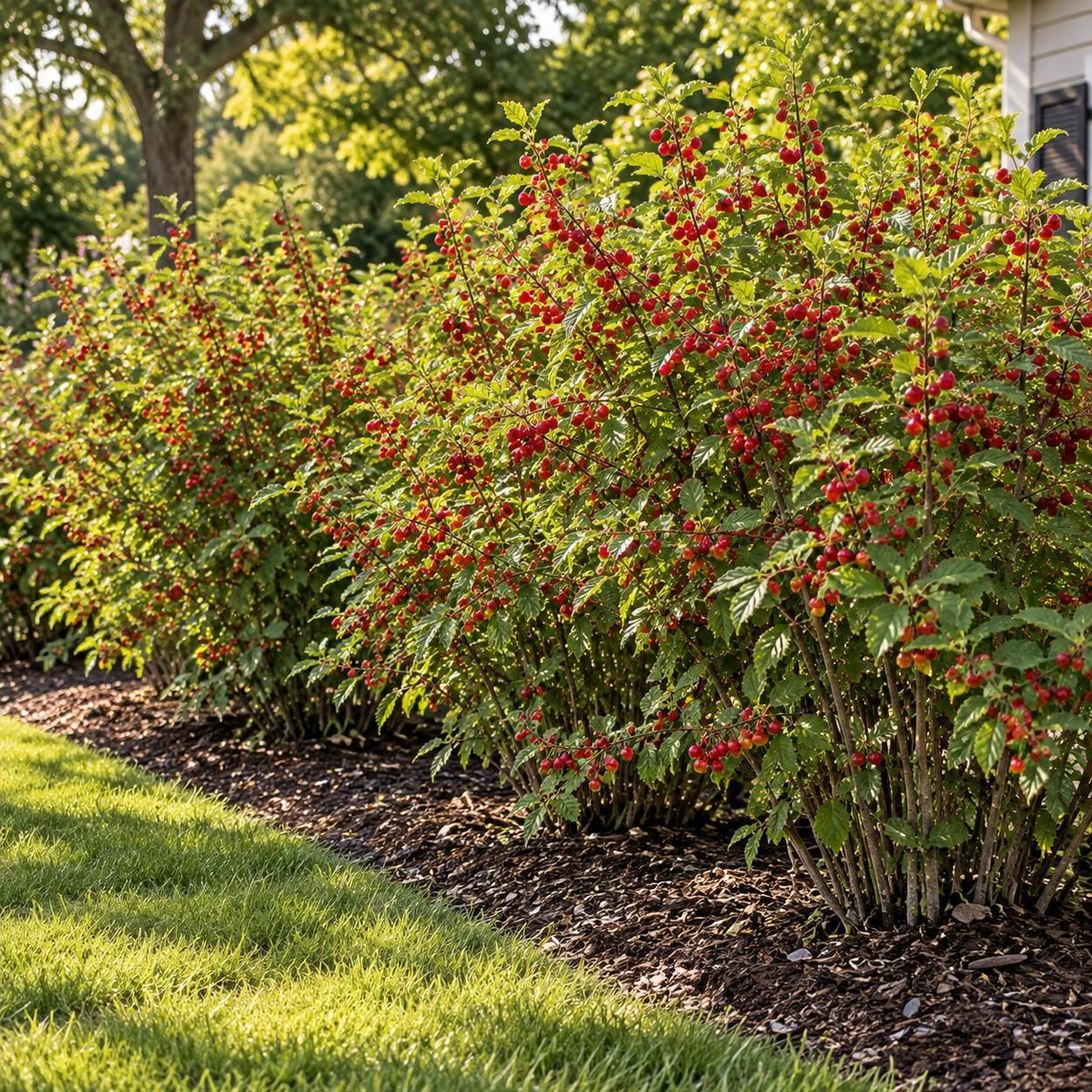 Informal hedge of mature Nanking Cherry shrubs covered in bright red cherries, growing along a residential lawn border with dark hardwood mulch in warm sunlight.