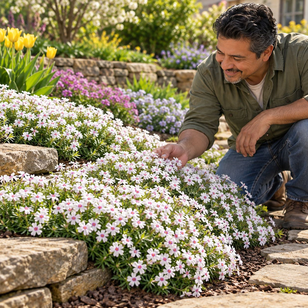 Lifestyle/Hero: Amazing Grace Creeping Phlox cascading through a sunny rock garden as a gardener admires its white-and-pink spring flowers.