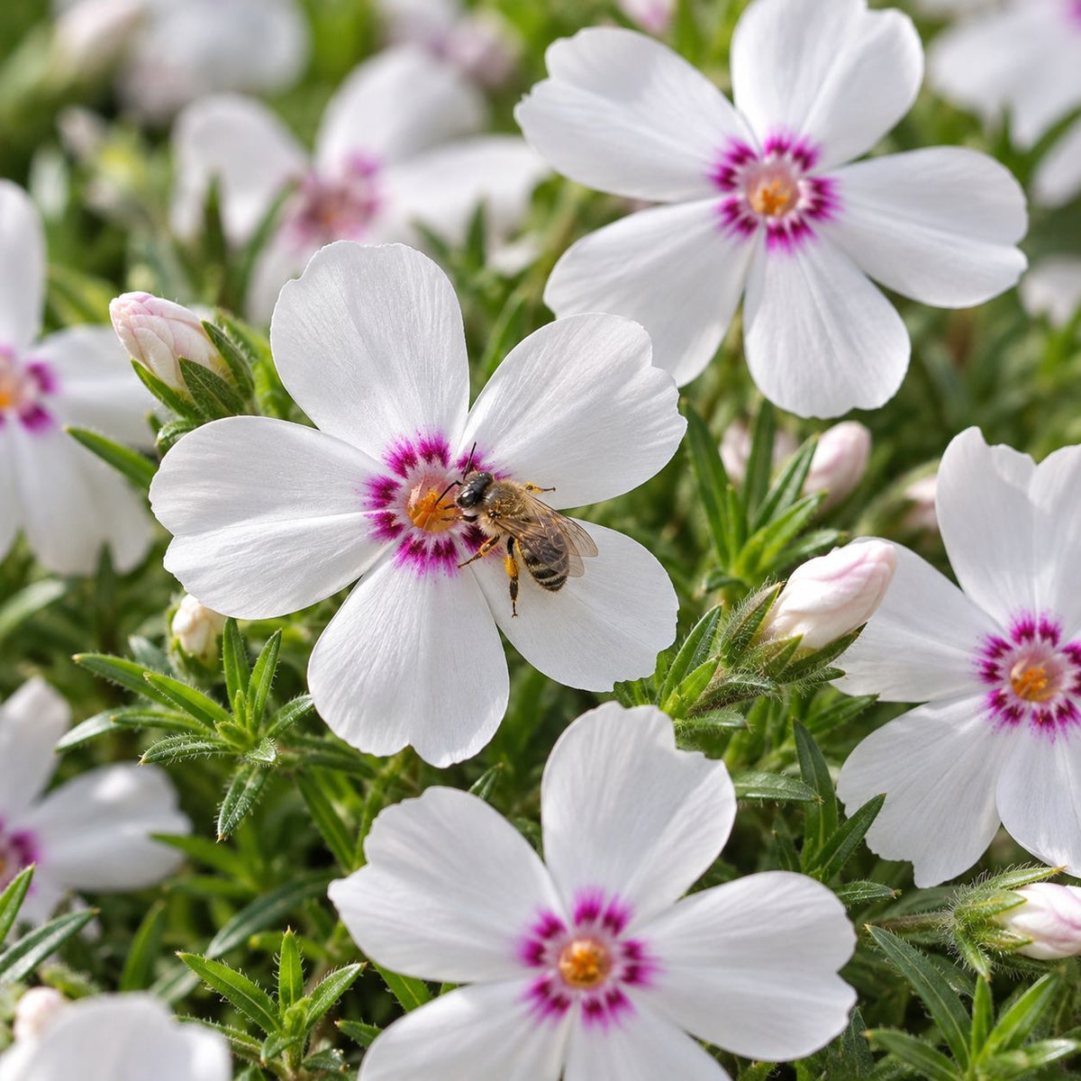 Botanical Detail: Honeybee visiting white Amazing Grace Creeping Phlox flowers with distinctive pink eyes above needle-like green foliage.
