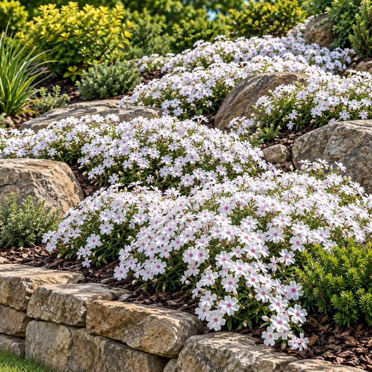 Landscape/Use: Amazing Grace Creeping Phlox spreading across a sunny rock garden and cascading over a natural stone retaining wall.