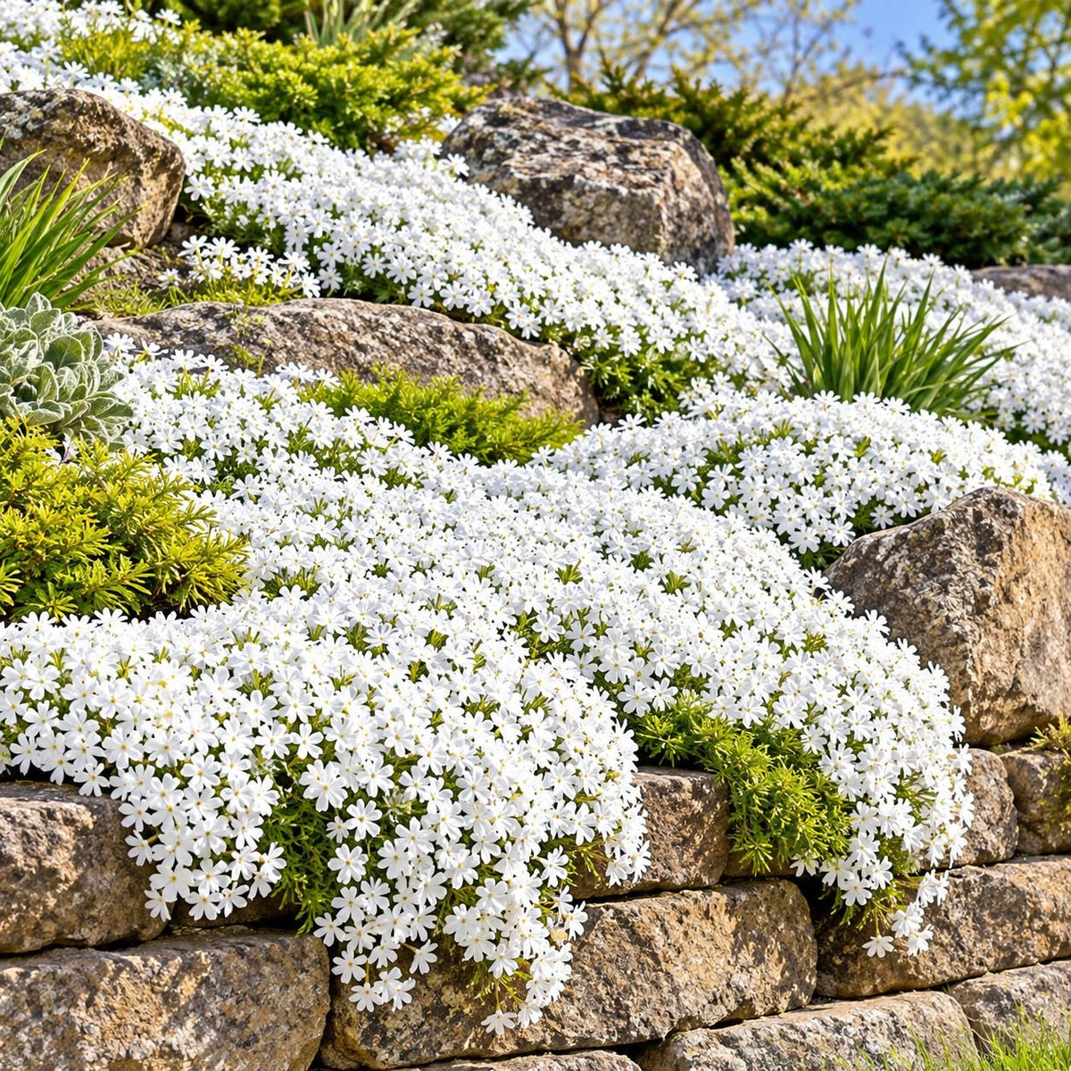 White Creeping Phlox spreading across a sunny rock garden and cascading over natural stone walls.