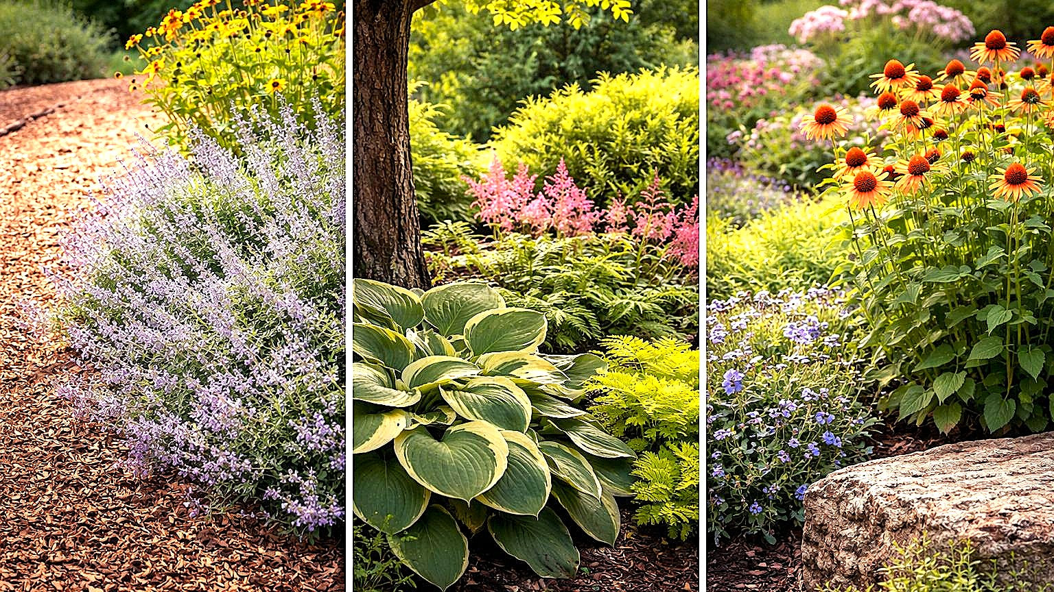 Colorful perennial garden in three panels with hosta, astilbe, lavender, and orange coneflowers along a mulched path and rock