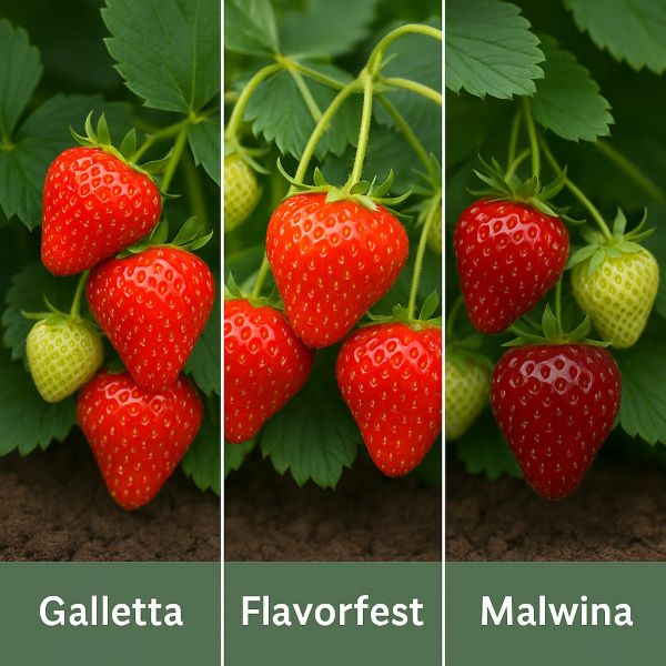 Three varieties of strawberries labeled 'Galletta', 'Flavorfest', and 'Malwina' on a green background.