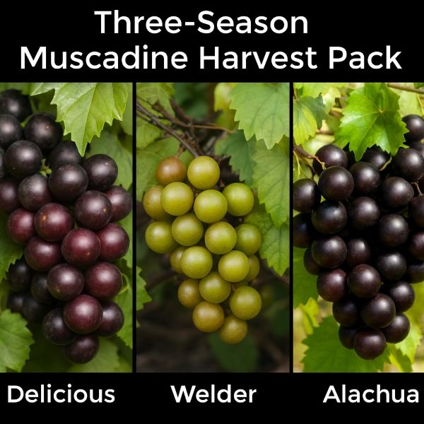 Collage showing three muscadine grape varieties: Delicious (black), Welder (bronze), and Alachua (black), each labeled and displayed in side-by-side panels with natural foliage.