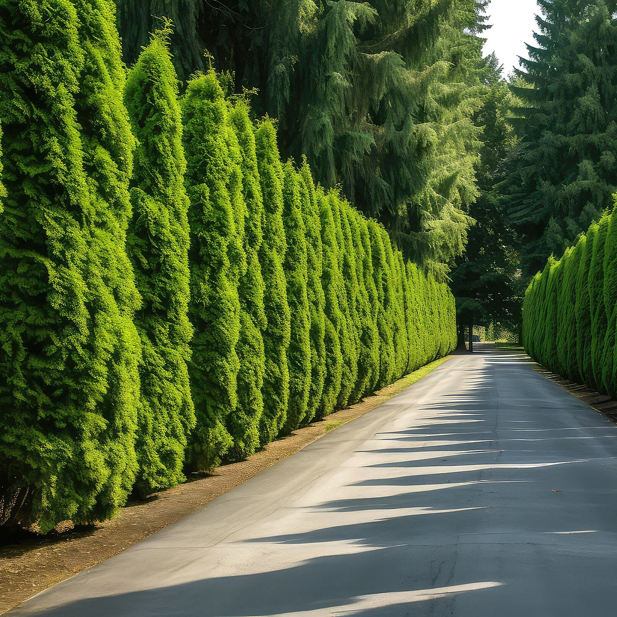 Green Giant Arborvitae lining a paved driveway