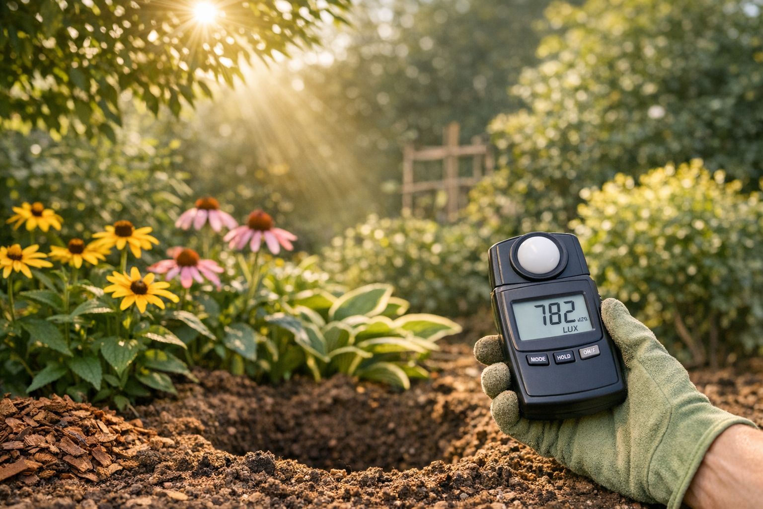 Gardener measuring sunlight in a garden with blooming flowers and dappled light filtering through trees