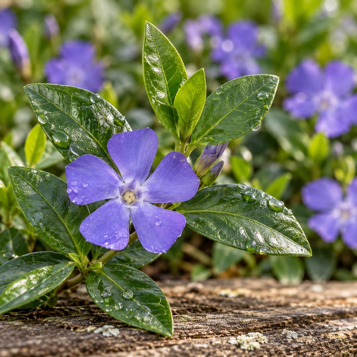 Close-up of a violet-blue Vinca minor flower with glossy green leaves and fresh water droplets.”