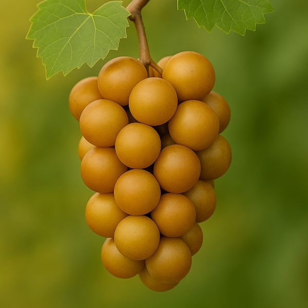 Bunch of golden grapes with green leaves on a blurred green background