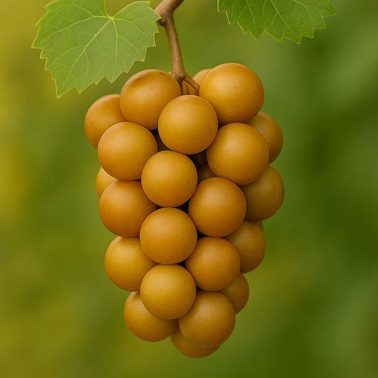 Bunch of golden grapes with green leaves on a blurred green background