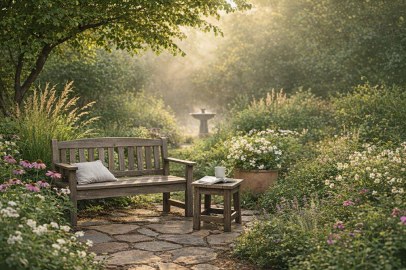 Wooden bench in a garden with flowers and a stone path