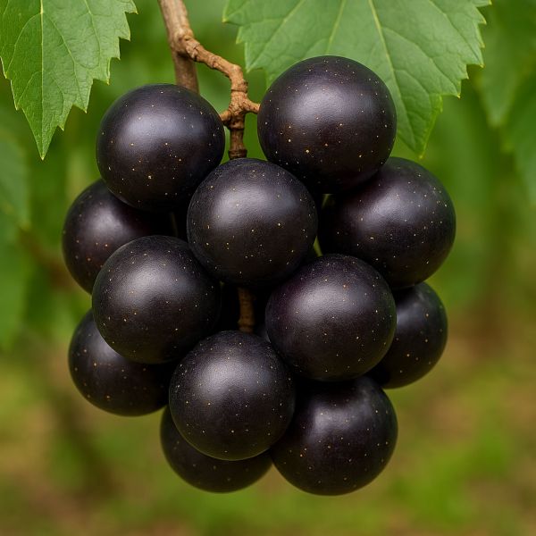 Bunch of dark purple grapes with green leaves in the background