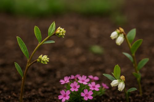 Young blueberry branches in rich soil with fresh green leaves and white flower buds breaking dormancy in early spring.