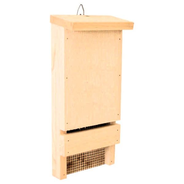 Assembled bat house made with rough-sawn Maine White Pine, ready for mounting