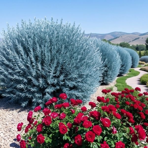 Mature Blue Arctic Willow (Salix purpurea) shrubs forming a dense, shimmering blue-silver hedge screen in a summer garden landscape with red roses.
