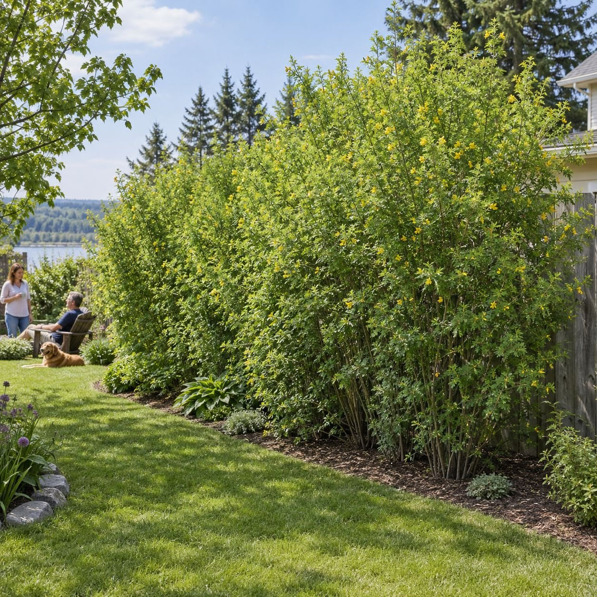 Backyard garden with a manicured lawn bordered by tall yellow‑flowering shrubs, with two people relaxing on outdoor chairs beside a dog near a wooden fence.