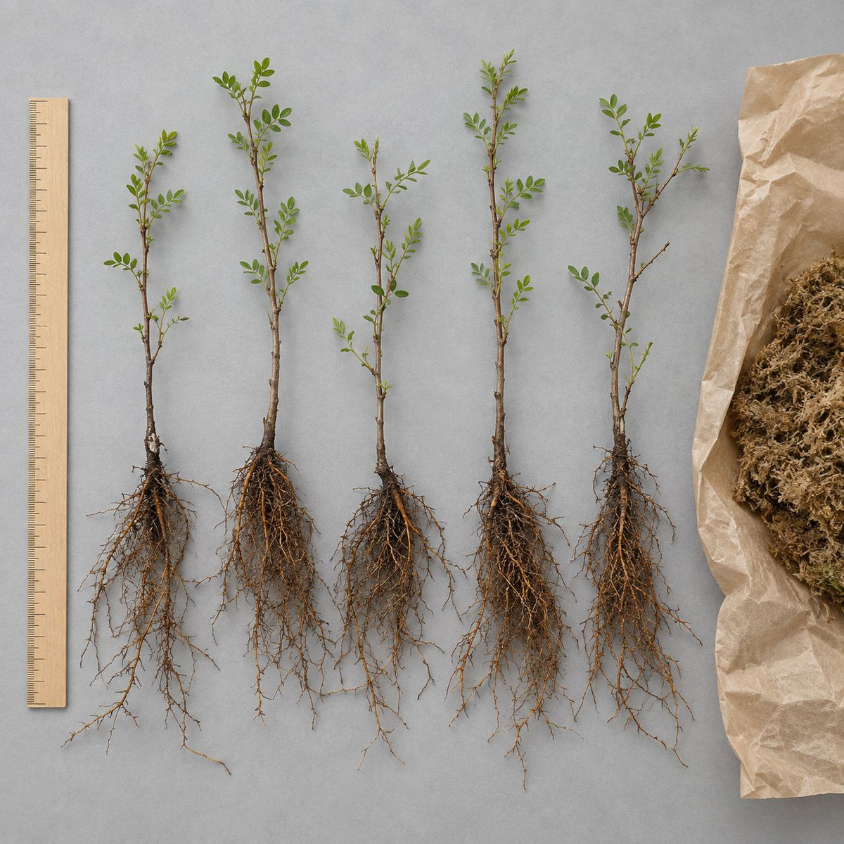 Five young tree seedlings arranged side by side on a gray surface, displaying fine branching roots and slender stems, with a wooden ruler placed beside them for scale.