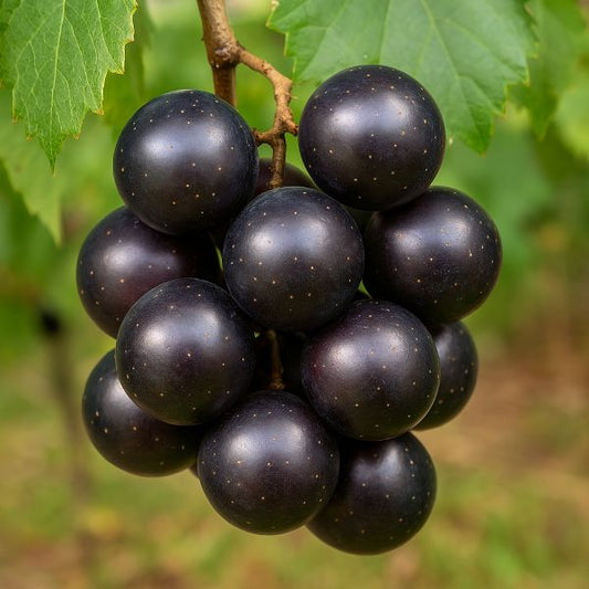 Cluster of dark grapes on a vine with green leaves. delicious muscadine vine